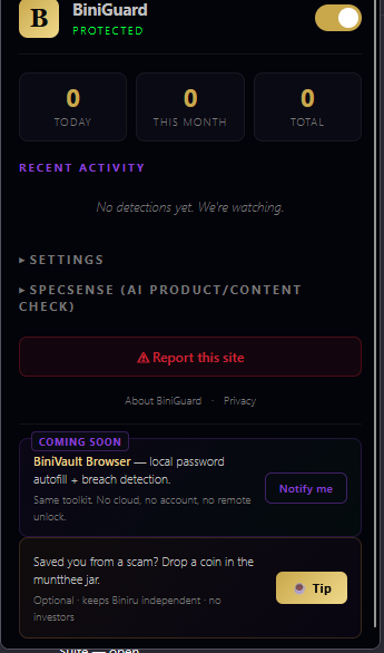 BiniGuard popup showing Protected status with 0/0/0 threat counters