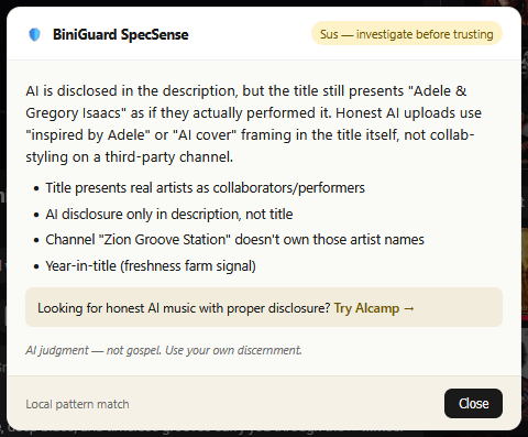 SpecSense yellow verdict on deceptive AI music upload using real artist names